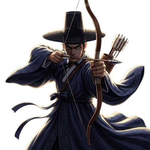 Hwal mascot at full draw, arrow nocked, the moment before release