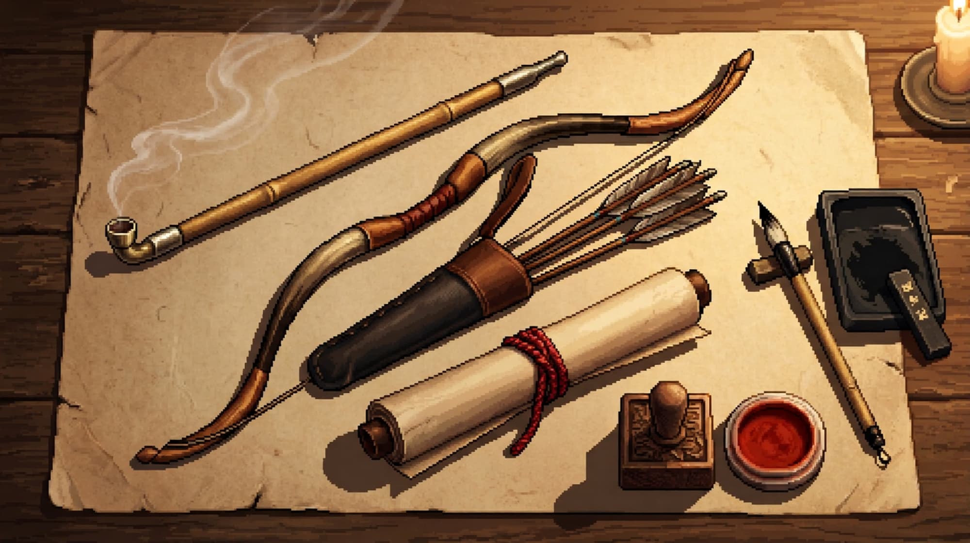 Bow, smoking pipe, sealed scroll, inkstone — primitive tools of the trade